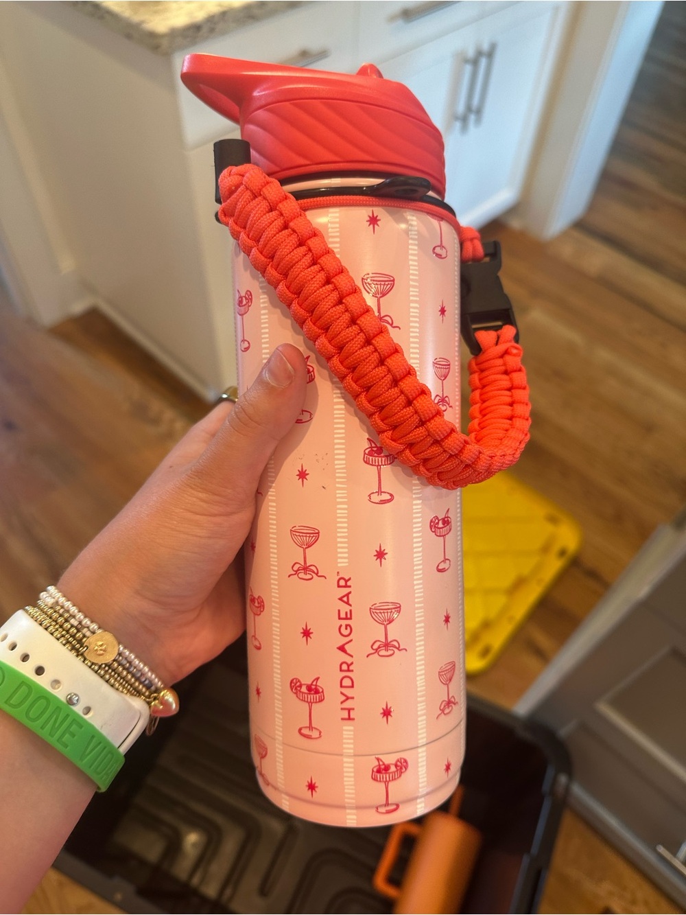 Pink Cocktail Pattern Insulated Water Bottle with Orange Paracord Strap